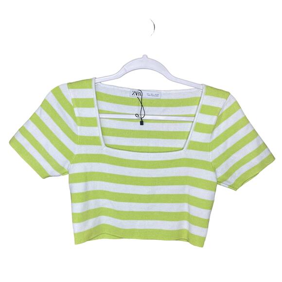 New ZARA Striped Square Neck Crop Top Short Sleeve Neon Green White Size Large - Picture 1 of 9
